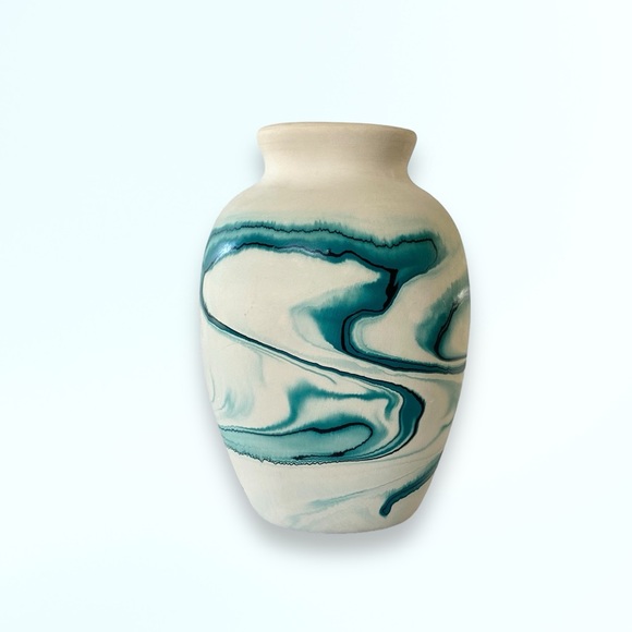 Vintage Nemadji Pottery Vase Turquoise Swirl 7”